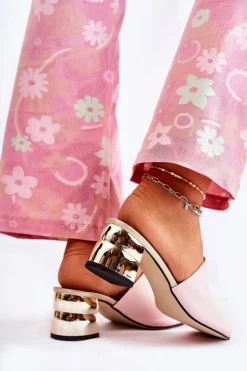 Skórzane Klapki Damskie Na Obcasie Różowe Perry