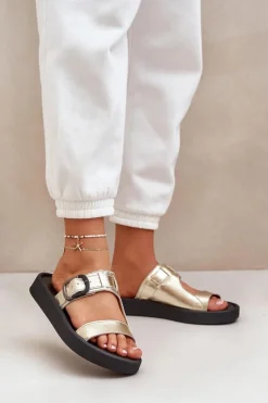 Skórzane Klapki Damskie Na Platformie Zazoo 3024 Złote