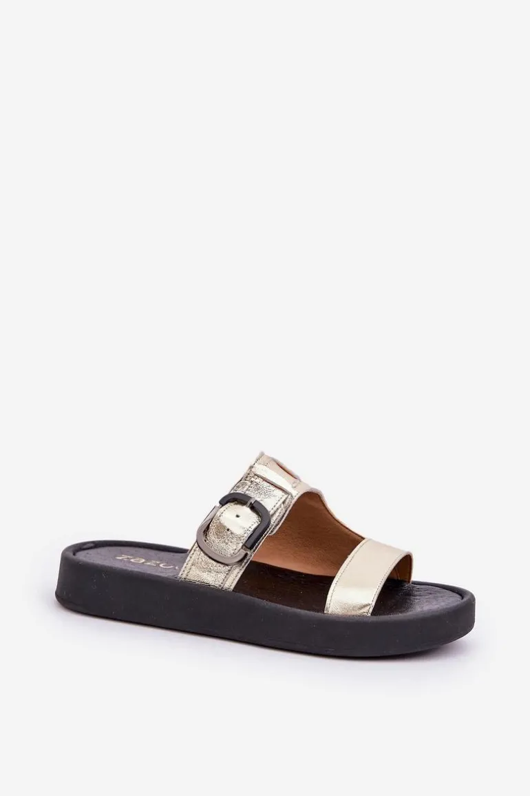 Skórzane Klapki Damskie Na Platformie Zazoo 3024 Złote