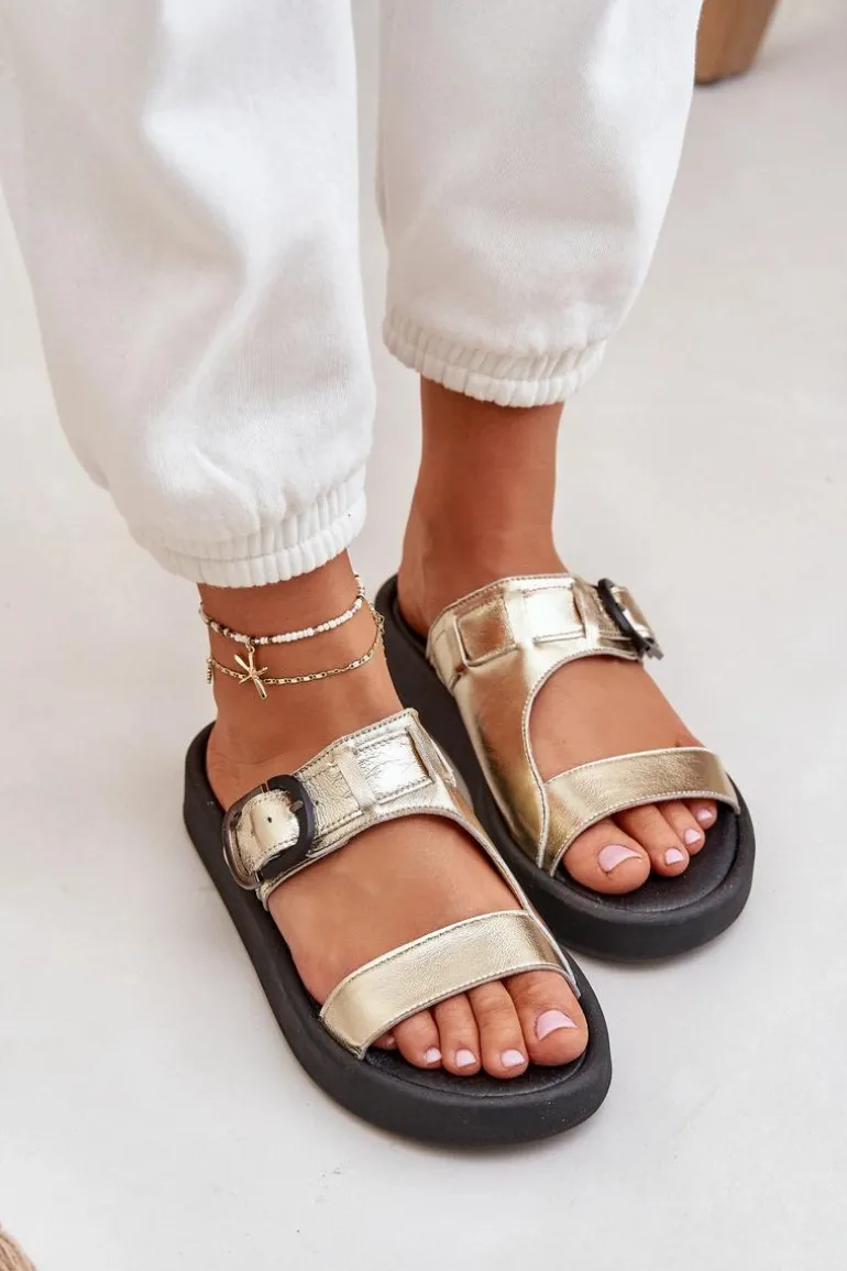 Skórzane Klapki Damskie Na Platformie Zazoo 3024 Złote