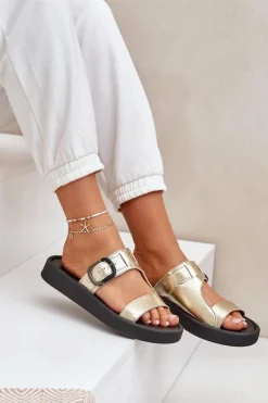 Skórzane Klapki Damskie Na Platformie Zazoo 3024 Złote