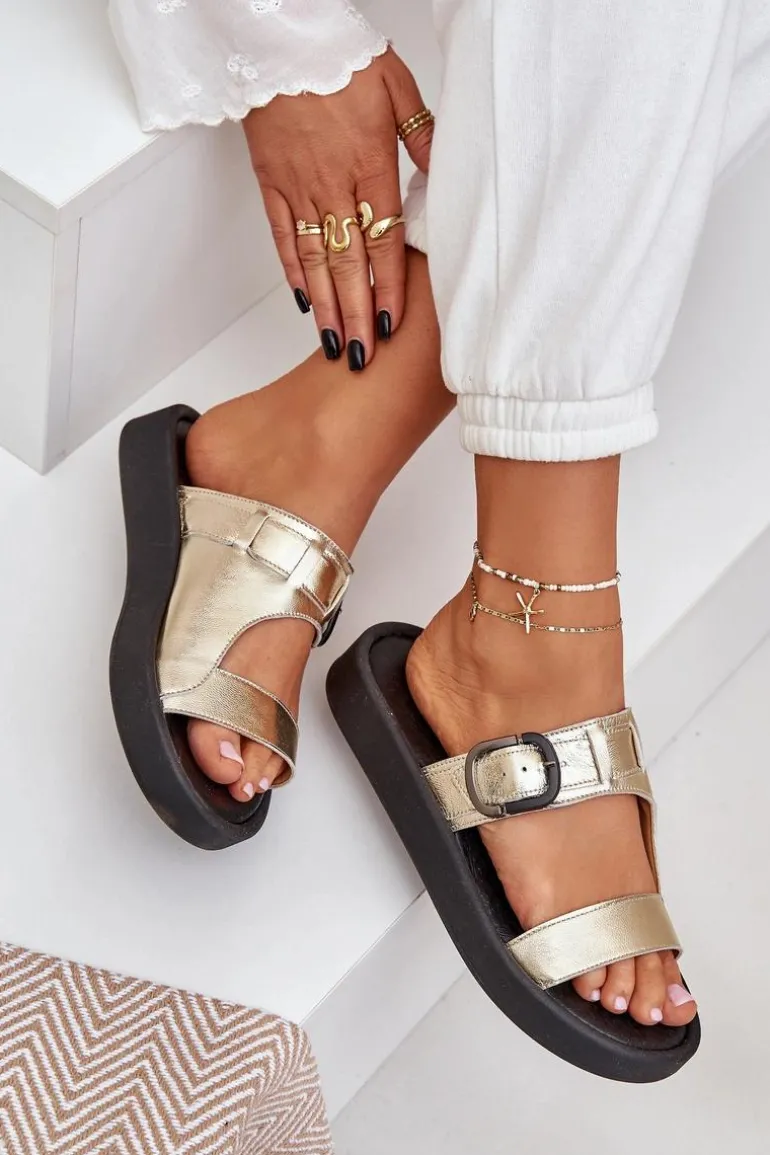 Skórzane Klapki Damskie Na Platformie Zazoo 3024 Złote