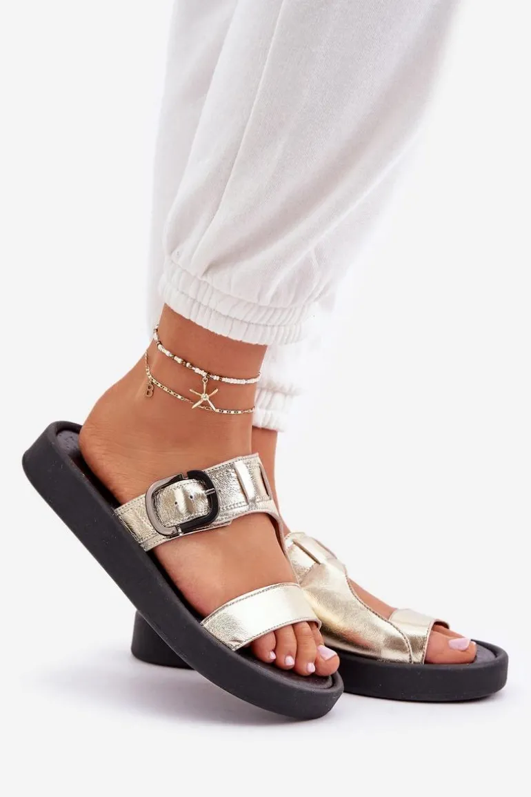 Skórzane Klapki Damskie Na Platformie Zazoo 3024 Złote