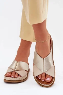 Skórzane Klapki Damskie Na Platformie Maciejka L4986-37 Beżowo-Złote