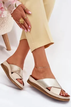 Skórzane Klapki Damskie Na Platformie Maciejka L4986-37 Beżowo-Złote