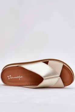 Skórzane Klapki Damskie Na Platformie Maciejka L4986-37 Beżowo-Złote