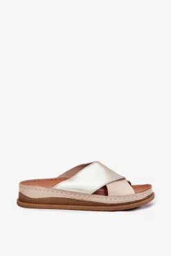 Skórzane Klapki Damskie Na Platformie Maciejka L4986-37 Beżowo-Złote