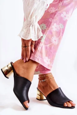 Skórzane Klapki Damskie Na Obcasie Czarne Perry