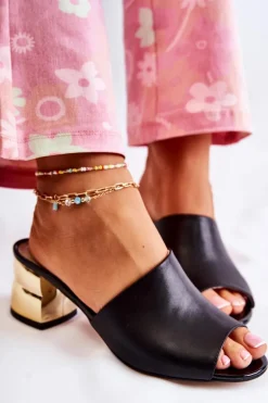 Skórzane Klapki Damskie Na Obcasie Czarne Perry