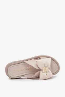 Skórzane Klapki Damskie Na Platformie Z Kokardą CheBello 4647 Beżowe
