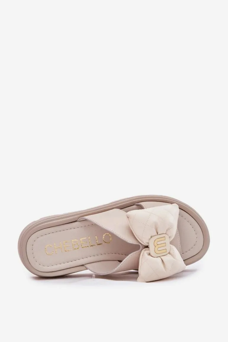 Skórzane Klapki Damskie Na Platformie Z Kokardą CheBello 4647 Beżowe