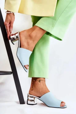 Skórzane Klapki Damskie Na Obcasie Niebieskie Perry