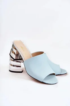 Skórzane Klapki Damskie Na Obcasie Niebieskie Perry