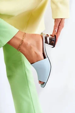 Skórzane Klapki Damskie Na Obcasie Niebieskie Perry