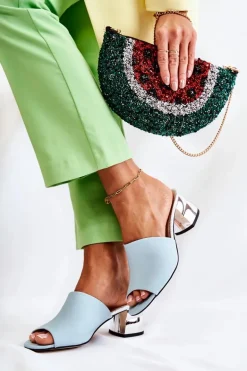 Skórzane Klapki Damskie Na Obcasie Niebieskie Perry