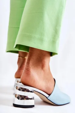 Skórzane Klapki Damskie Na Obcasie Niebieskie Perry