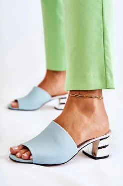 Skórzane Klapki Damskie Na Obcasie Niebieskie Perry