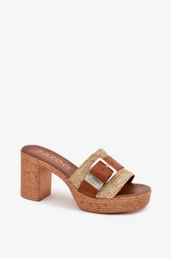 Skórzane Klapki Damskie Na Słupku Z Klamrą I Plecionką Zazoo 40459 Brązowe