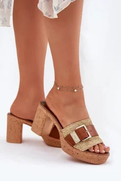 Skórzane Klapki Damskie Na Słupku Z Klamrą I Plecionką Zazoo 40459 Brązowe