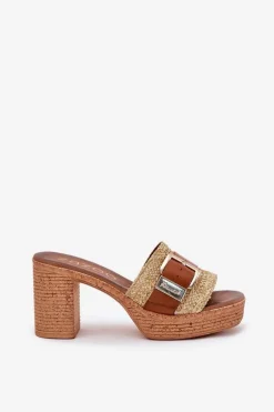 Skórzane Klapki Damskie Na Słupku Z Klamrą I Plecionką Zazoo 40459 Brązowe