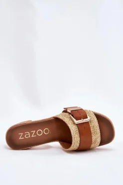 Skórzane Klapki Damskie Na Słupku Z Klamrą I Plecionką Zazoo 40459 Brązowe