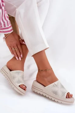 Skórzane Klapki Damskie Na Koturnie Vinceza 41477 Beżowe