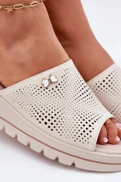 Skórzane Klapki Damskie Na Koturnie Vinceza 41477 Beżowe