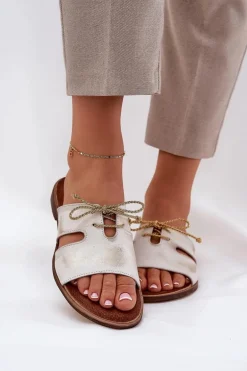 Skórzane Klapki Damskie Na Płaskim Obcasie Zazoo 3022 Złoty Przecierany