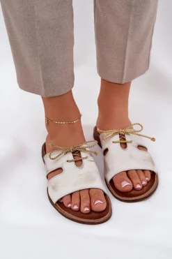 Skórzane Klapki Damskie Na Płaskim Obcasie Zazoo 3022 Złoty Przecierany