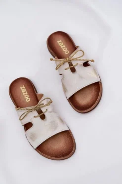 Skórzane Klapki Damskie Na Płaskim Obcasie Zazoo 3022 Złoty Przecierany