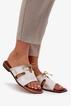 Skórzane Klapki Damskie Na Płaskim Obcasie Zazoo 3022 Złoty Przecierany