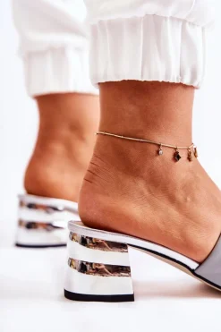 Skórzane Klapki Damskie Na Obcasie Szare Perry