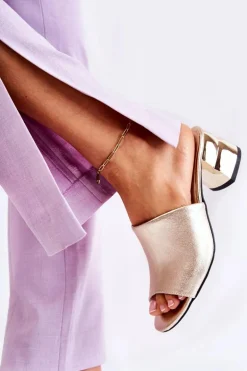 Skórzane Klapki Damskie Na Obcasie Złote Perry