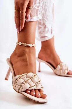 Skórzane Klapki Damskie Plecione Beżowe Sulea