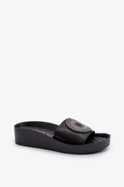 Skórzane Klapki Damskie Z Ozdobą S.Barski KV27-019 Czarne