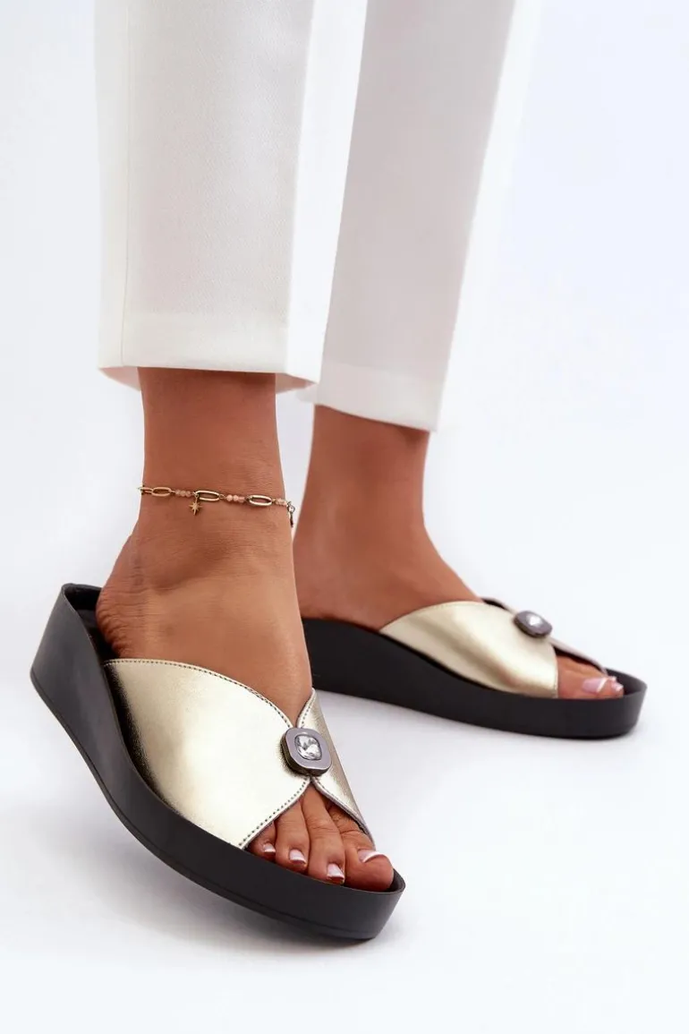 Skórzane Klapki Damskie Z Ozdobą Złote S.Barski KV27-027