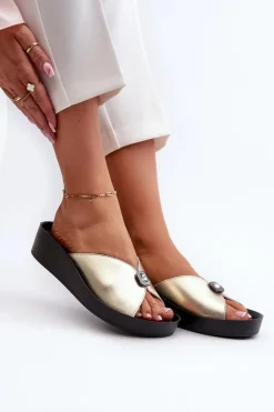 Skórzane Klapki Damskie Z Ozdobą Złote S.Barski KV27-027