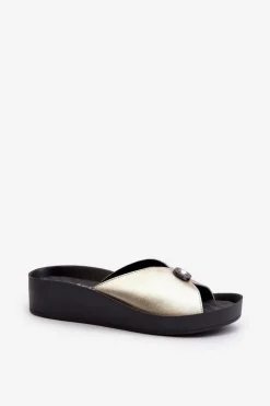 Skórzane Klapki Damskie Z Ozdobą Złote S.Barski KV27-027