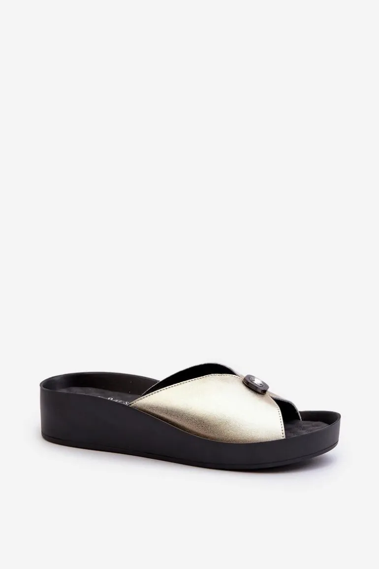 Skórzane Klapki Damskie Z Ozdobą Złote S.Barski KV27-027