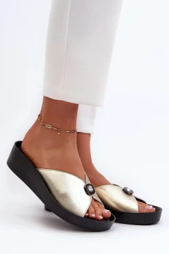 Skórzane Klapki Damskie Z Ozdobą Złote S.Barski KV27-027