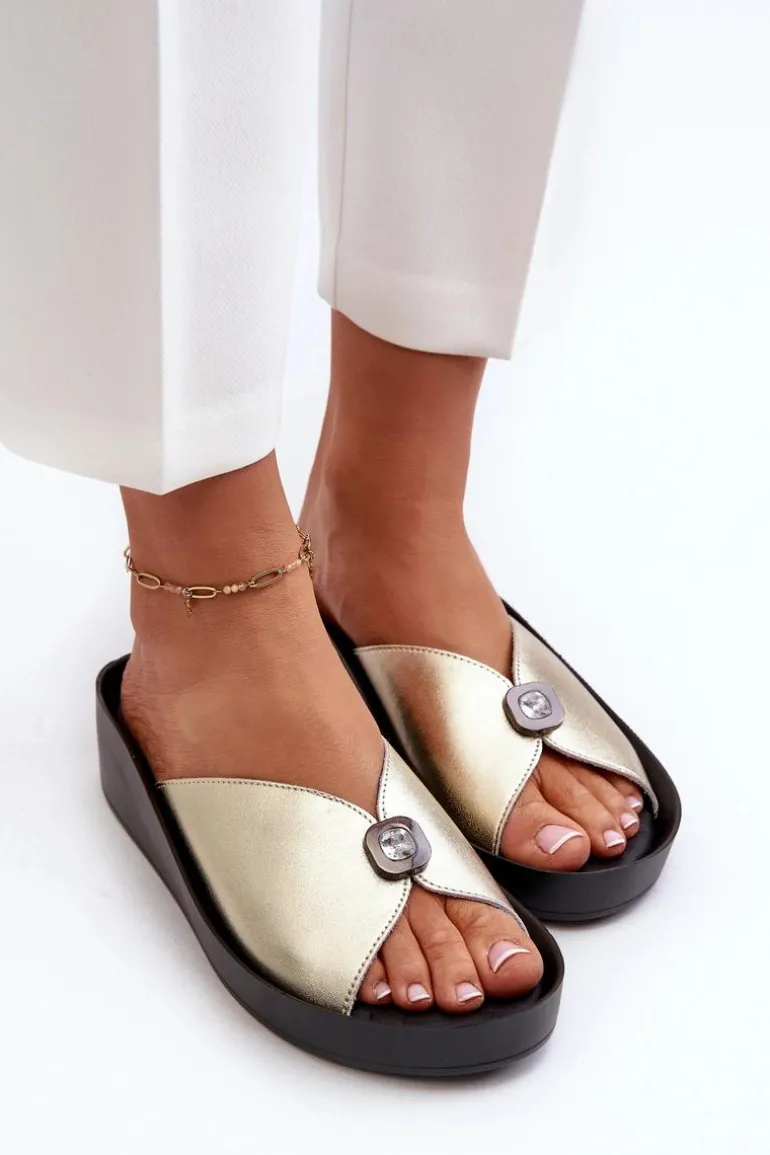 Skórzane Klapki Damskie Z Ozdobą Złote S.Barski KV27-027