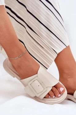 Skórzane Klapki Damskie Z Klamrą D&A SJ2302-01 Beżowe