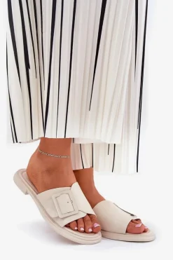 Skórzane Klapki Damskie Z Klamrą D&A SJ2302-01 Beżowe