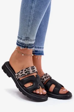 Skórzane Klapki Damskie Z Rzepem Panterka Vinceza 66769 Czarne