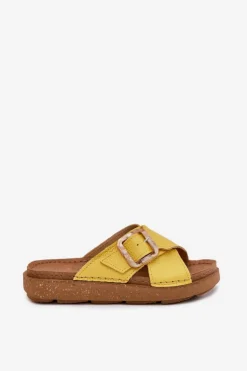 Skórzane Klapki Damskie Z Klamrą Inblu ED0003IU Żółte