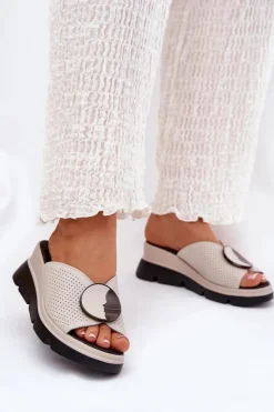 Skórzane Klapki Damskie Z Ozdobą S.Barski LR51-662 Beżowe