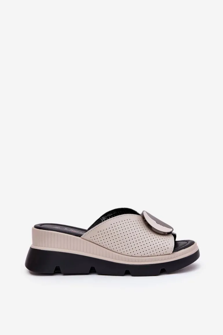 Skórzane Klapki Damskie Z Ozdobą S.Barski LR51-662 Beżowe