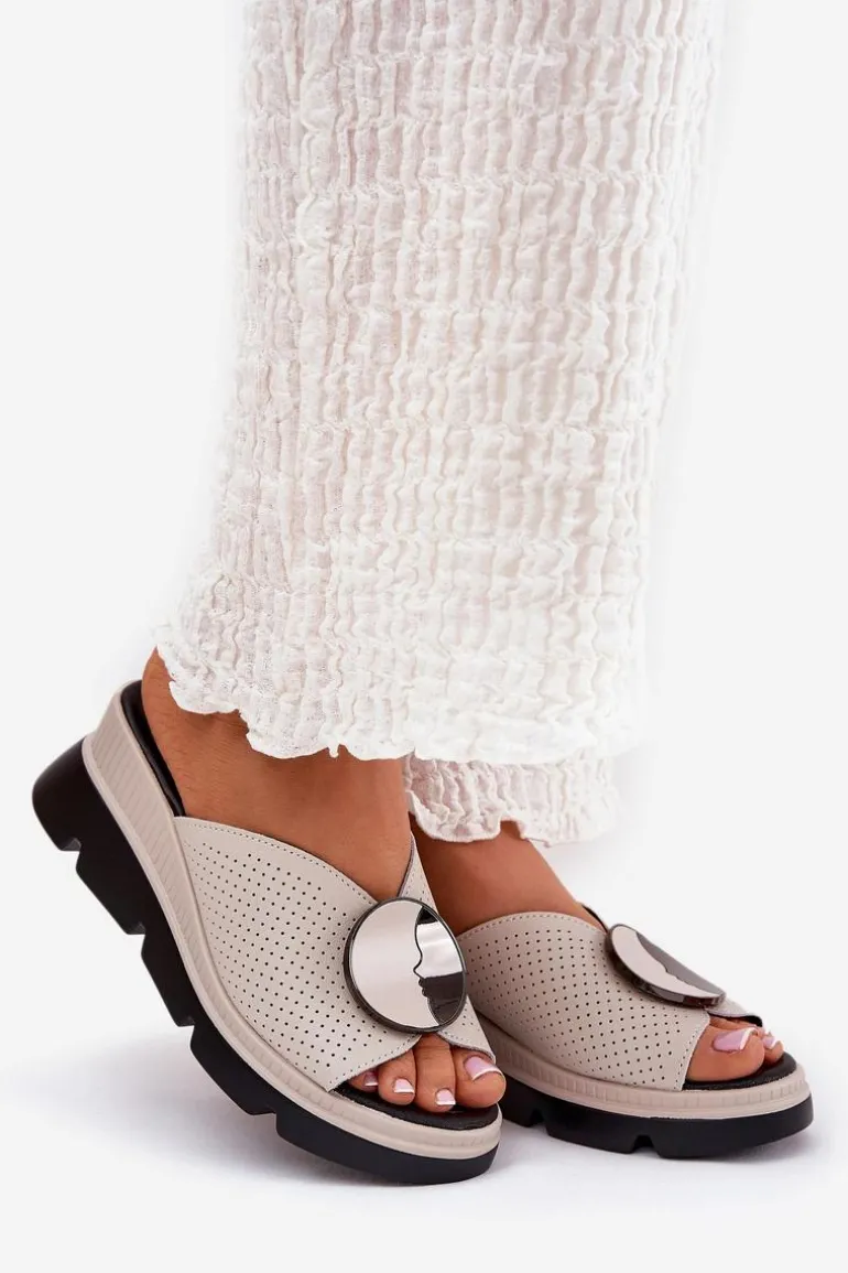 Skórzane Klapki Damskie Z Ozdobą S.Barski LR51-662 Beżowe