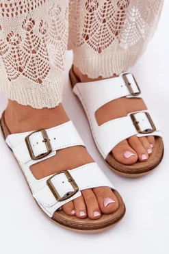 Skórzane Klapki Damskie Z Klarami Inblu AA0002KU Białe