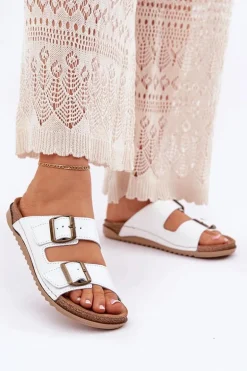 Skórzane Klapki Damskie Z Klarami Inblu AA0002KU Białe